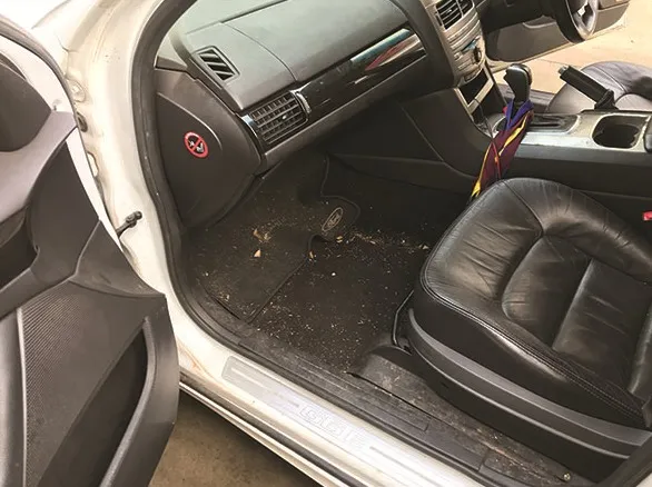Passenger footwell with dirt and debris across the carpet and door sill