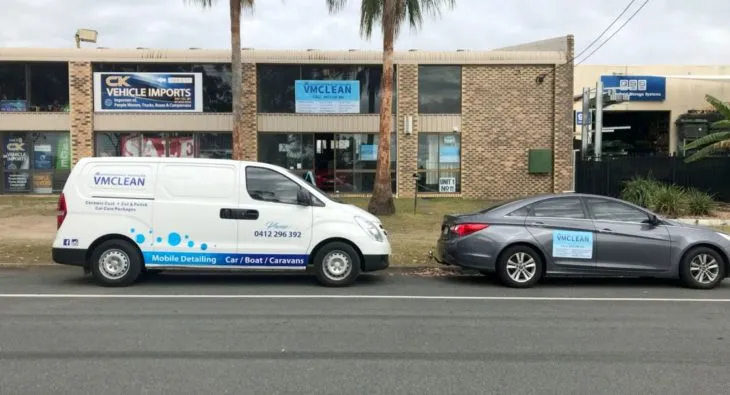 The VMClean workshop on Wrights Place, Arundel, with the branded van parked out front
